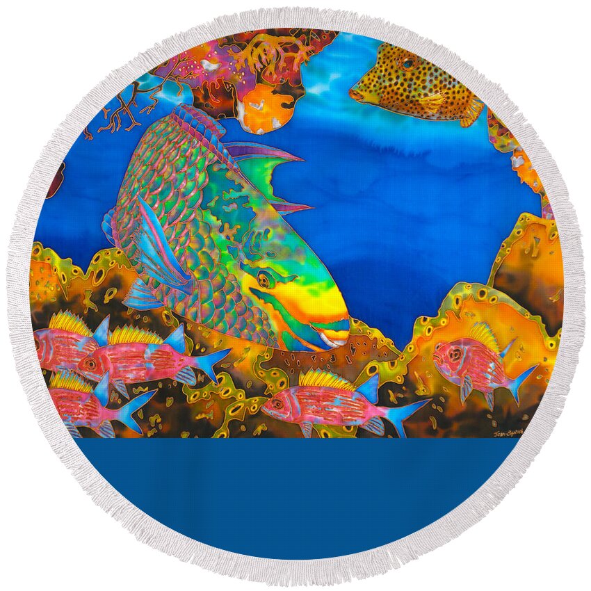 Diving Round Beach Towel featuring the painting Colourful Queen Parrotfish by Daniel Jean-Baptiste