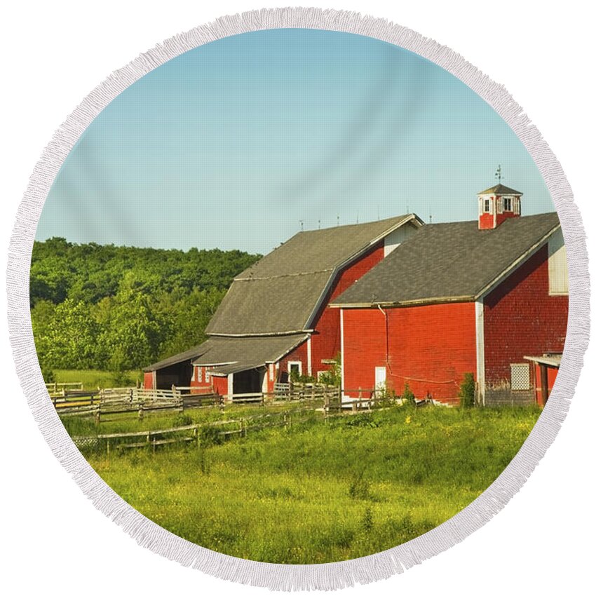 Farm Round Beach Towel featuring the photograph Red Barn And Fence On Farm In Maine #2 by Keith Webber Jr