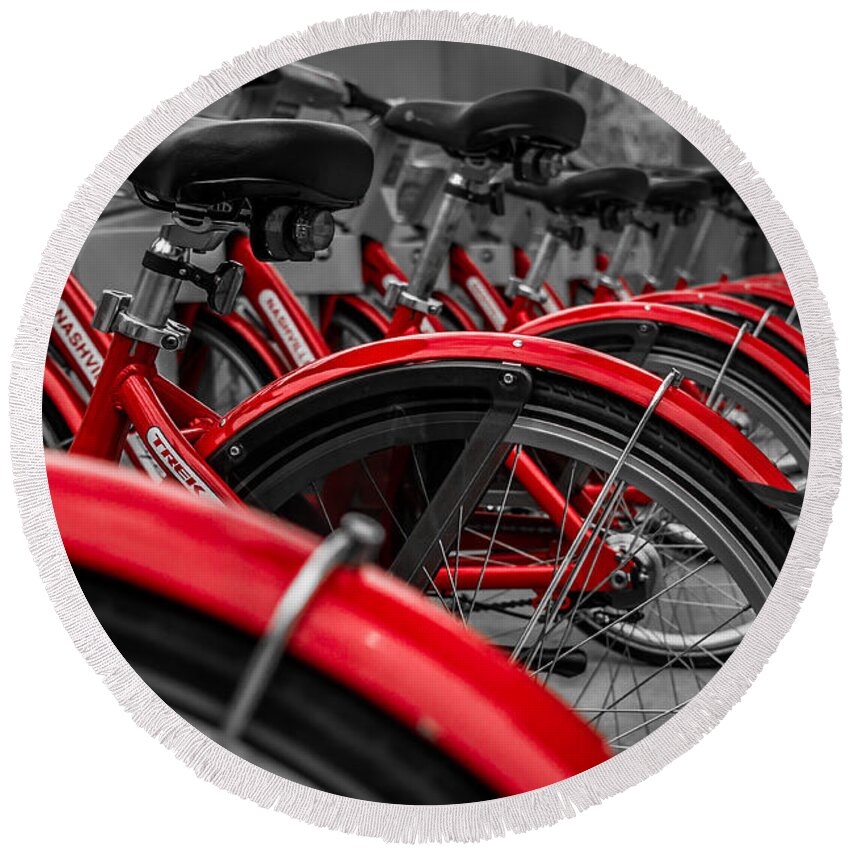 Nashville Round Beach Towel featuring the photograph Red Bicycles #1 by Ron Pate