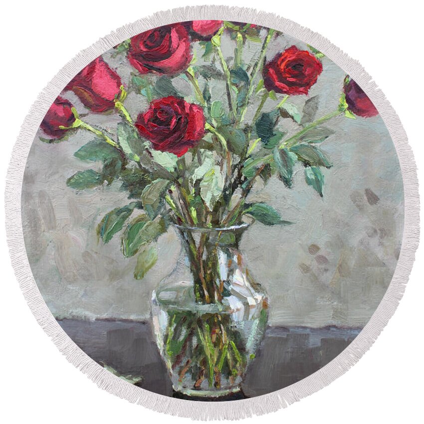 Red Roses Round Beach Towel featuring the painting Red Roses #2 by Ylli Haruni