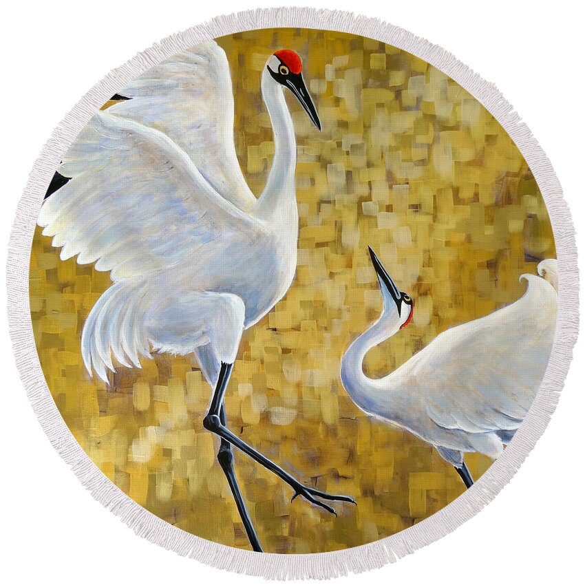 Whooping Cranes Round Beach Towel featuring the painting Shall We? by Ande Hall