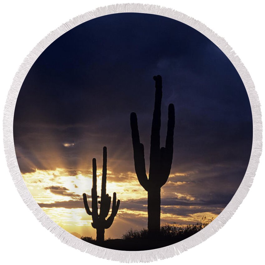 American Southwest Round Beach Towel featuring the photograph Silhouetted saguaro cactus sunset at dusk Arizona State USA #2 by Jim Corwin