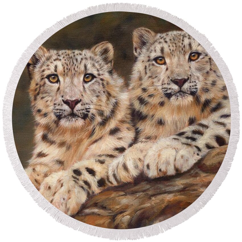 Snow Leopards Round Beach Towel featuring the painting Snow Leopards #3 by David Stribbling