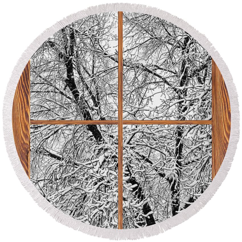 Windows Round Beach Towel featuring the photograph Snowy Tree Branches Barn Wood Picture Window Frame View #2 by James BO Insogna