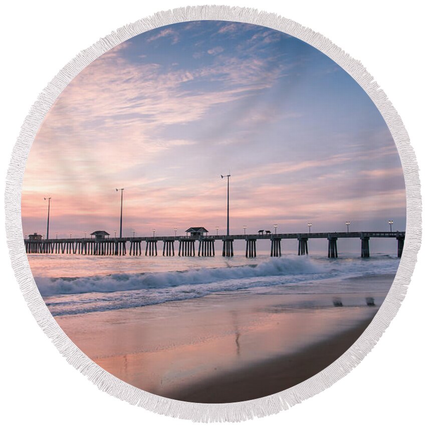 Sky Round Beach Towel featuring the photograph Sunrise at the pier by Stacy Abbott
