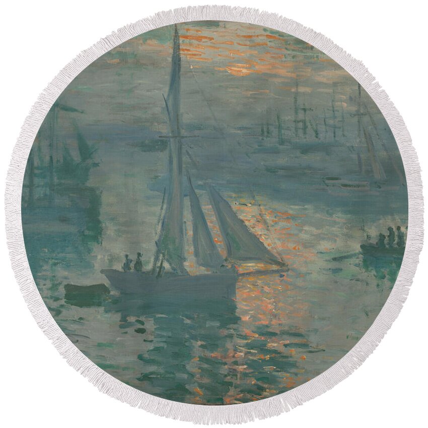 Claude Monet Round Beach Towel featuring the painting Sunrise #2 by Claude Monet