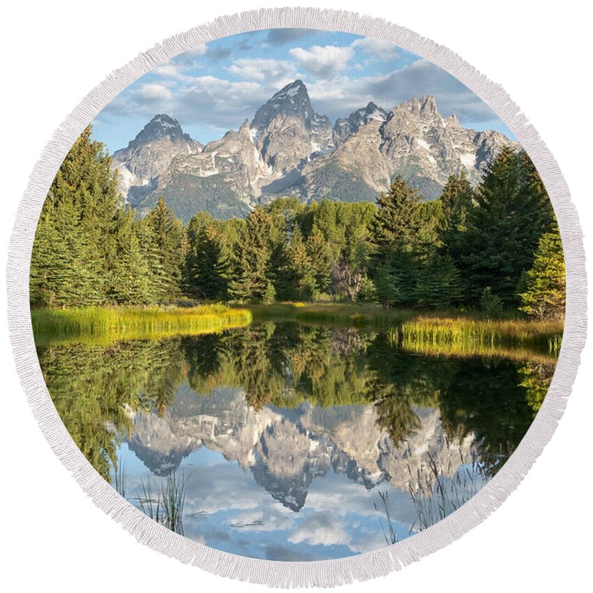 Awe Round Beach Towel featuring the photograph Teton Range Reflected in the Snake River #1 by Jeff Goulden