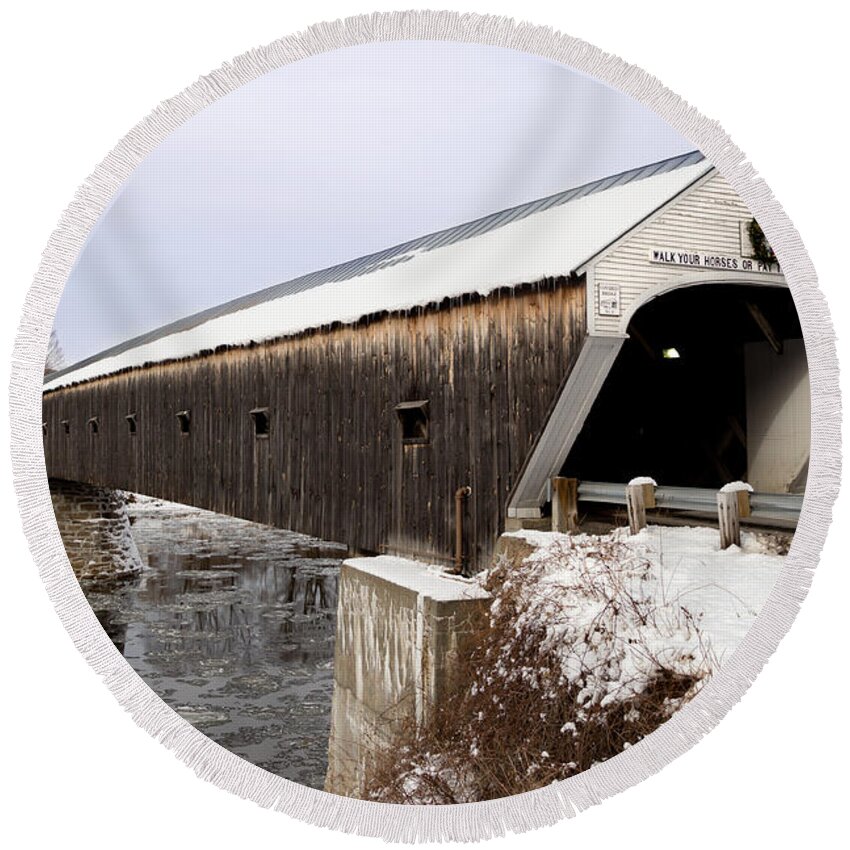 New Hampshire Round Beach Towel featuring the photograph The Covered Bridge #2 by Courtney Webster