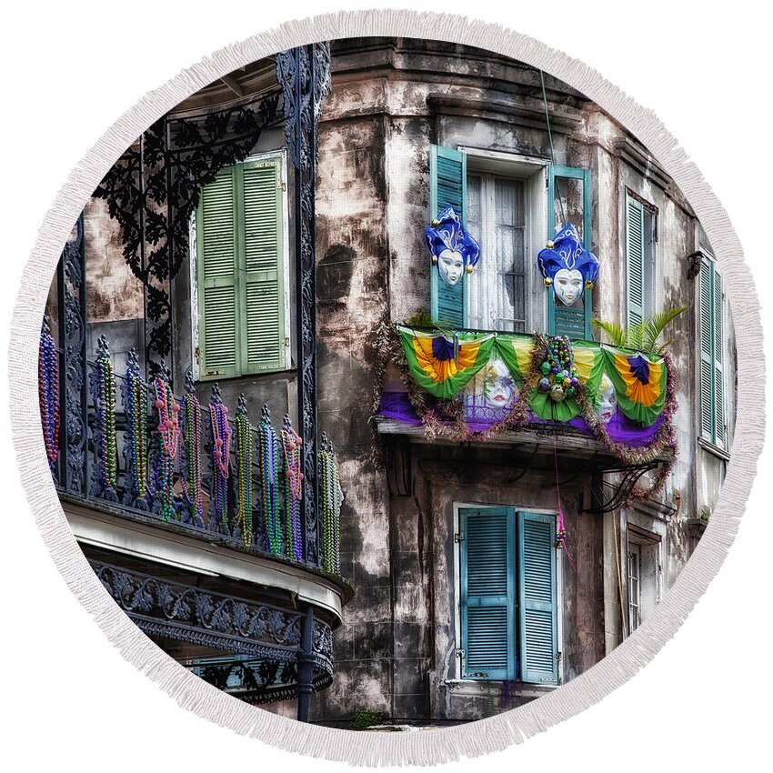 Mardi Gras Round Beach Towel featuring the photograph The French Quarter during Mardi Gras by Mountain Dreams