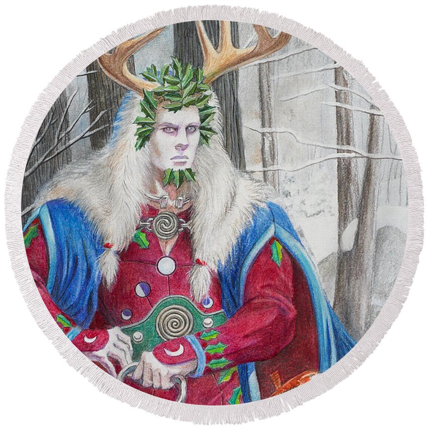 Pagan Round Beach Towel featuring the painting The Holly King #2 by Melissa A Benson