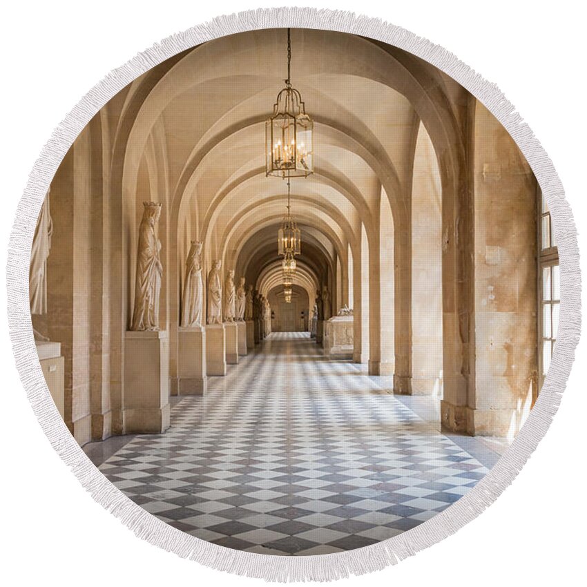 Europa Round Beach Towel featuring the photograph Versailles Hallway #1 by Inge Johnsson