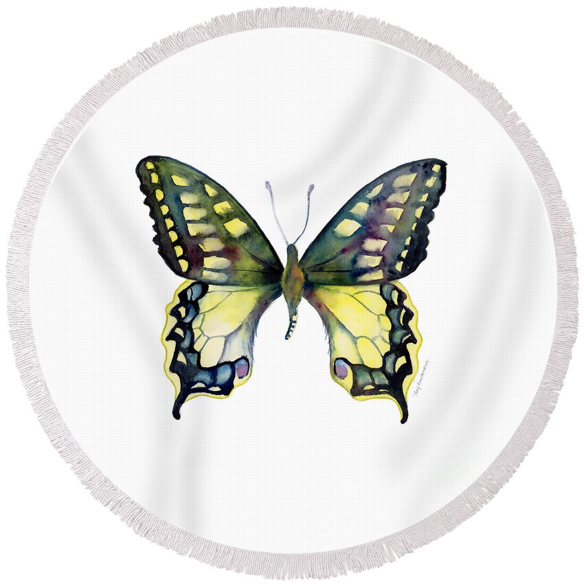 Blue Round Beach Towel featuring the painting 20 Old World Swallowtail Butterfly by Amy Kirkpatrick