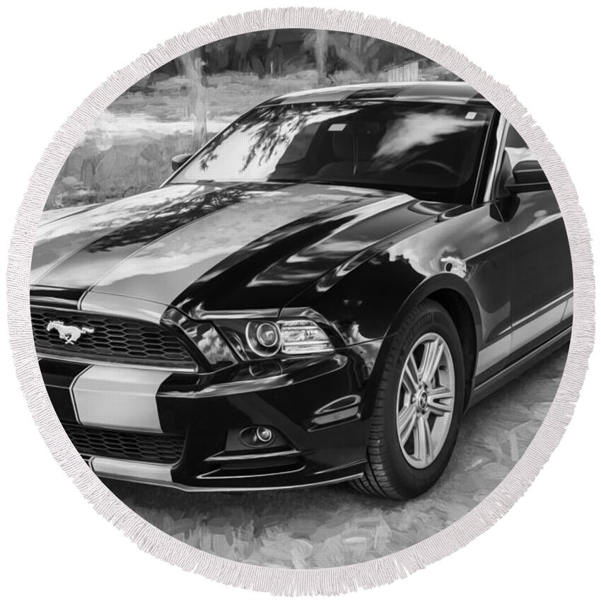 2014 Ford Mustang Round Beach Towel featuring the photograph 2014 Ford Mustang Painted BW  by Rich Franco
