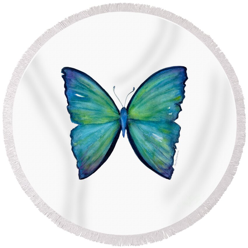 Blue Round Beach Towel featuring the painting 21 Blue Aega Butterfly by Amy Kirkpatrick