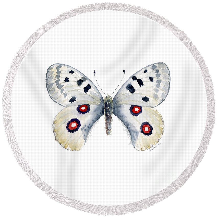 Apollo Round Beach Towel featuring the painting 28 Apollo Butterfly by Amy Kirkpatrick