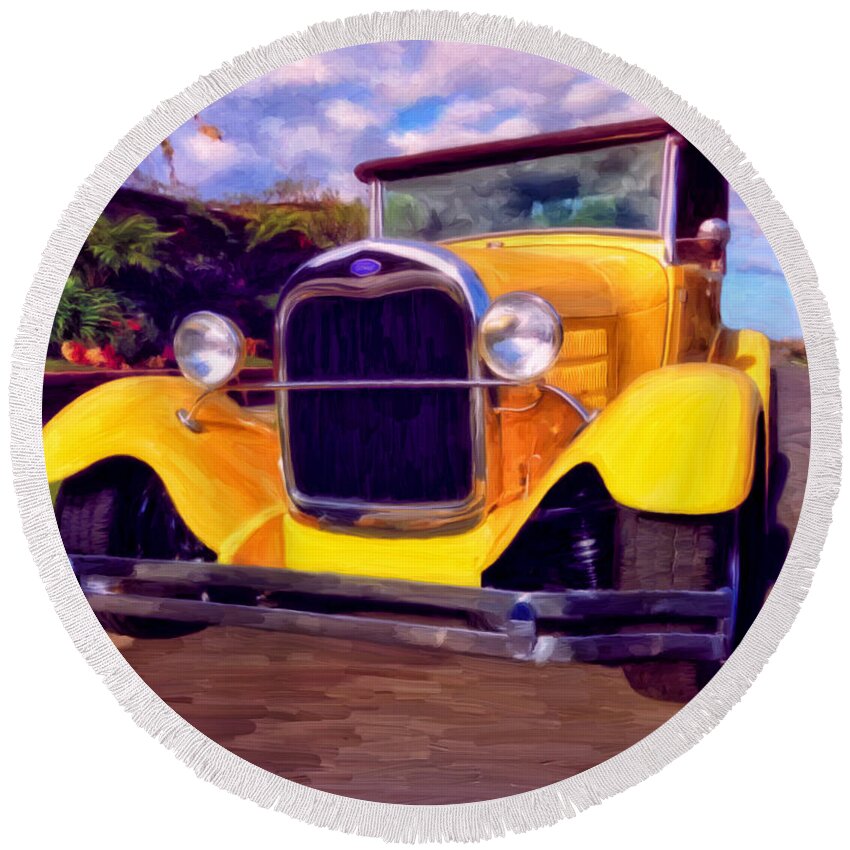 Resto Mod Round Beach Towel featuring the painting '28 Ford Pick Up #28 by Michael Pickett