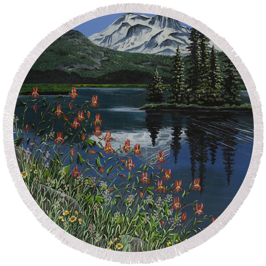 Mountain Round Beach Towel featuring the painting A Peaceful Place #2 by Jennifer Lake