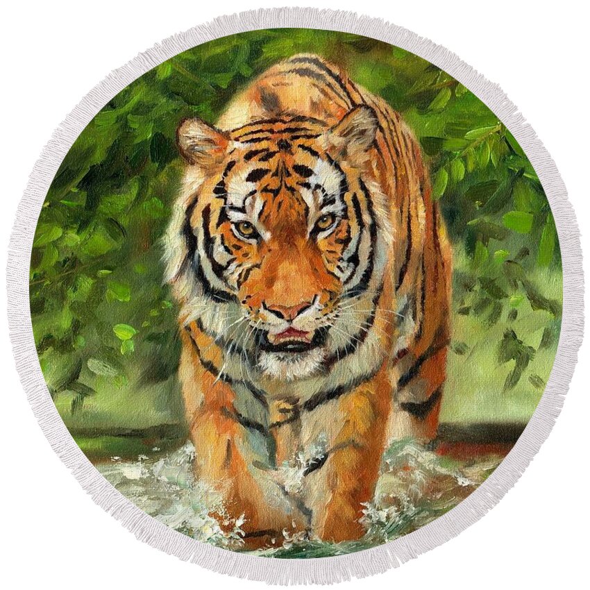 Tiger Round Beach Towel featuring the painting Amur Tiger Painting #3 by David Stribbling