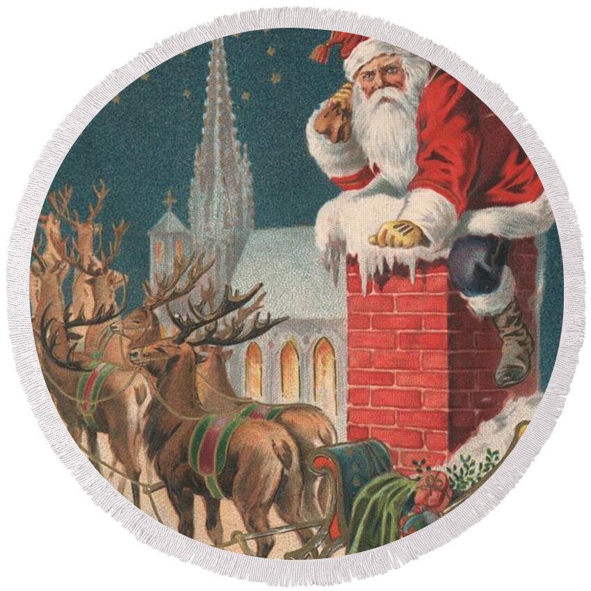Christmas; Century; Greeting; Cards; Father Christmas; Santa Claus; Sleighs; Reindeers; Chimneys; British Christmas; Card Round Beach Towel featuring the painting Christmas card by English School