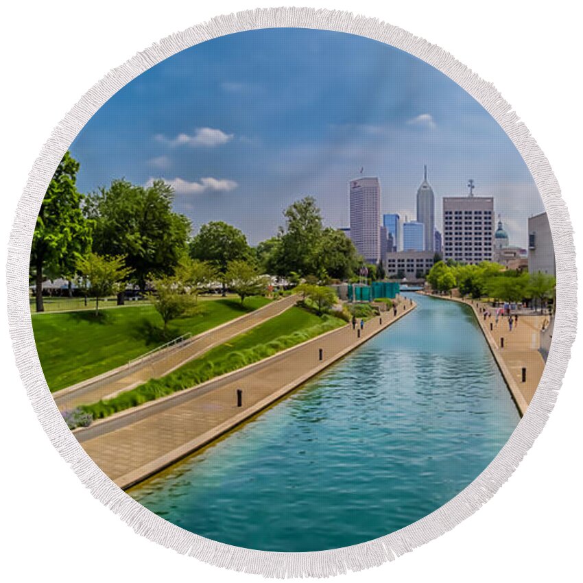 Indiana Round Beach Towel featuring the photograph Indianapolis Skyline from the Canal by Ron Pate
