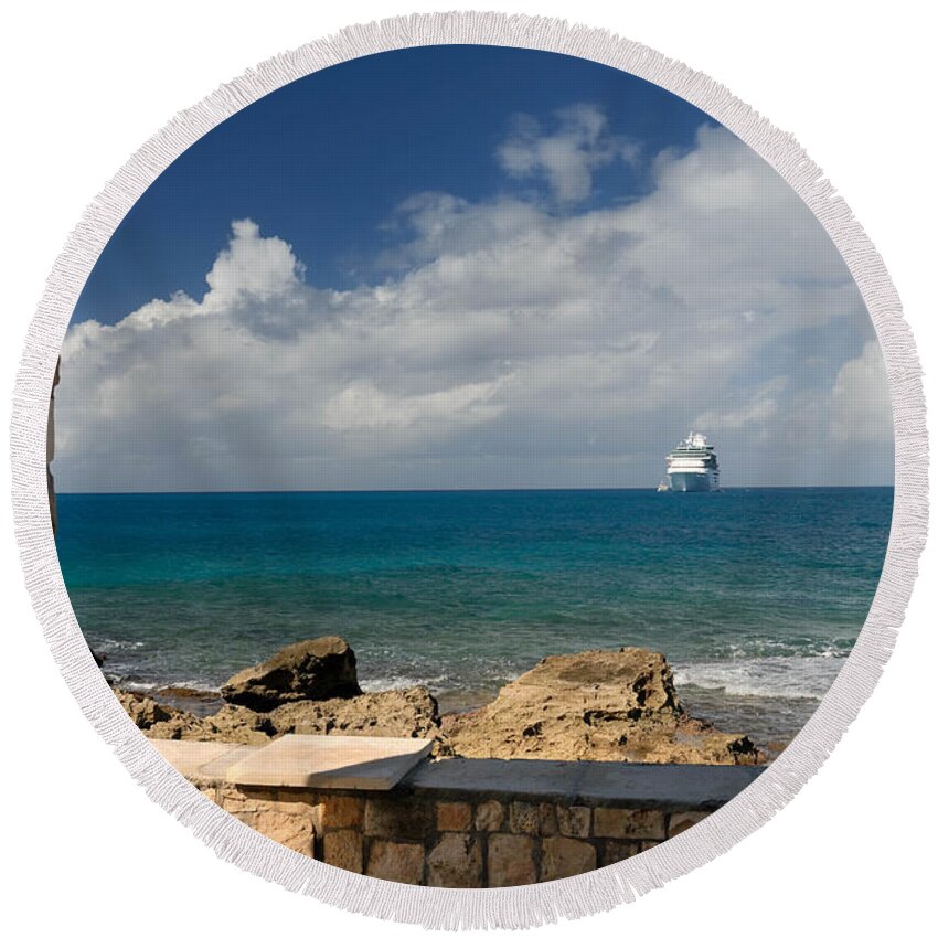 Bahamas Round Beach Towel featuring the photograph Majesty of the Seas at Coco Cay #3 by Amy Cicconi