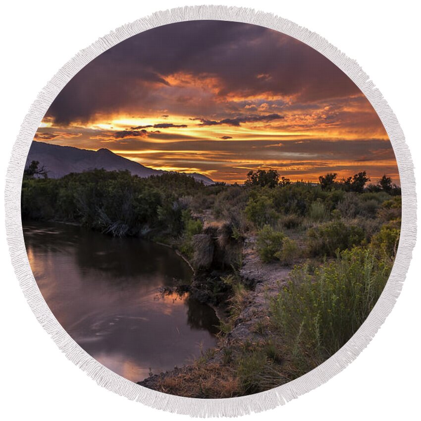 Adventure Round Beach Towel featuring the photograph Owens River Sunset #3 by Cat Connor