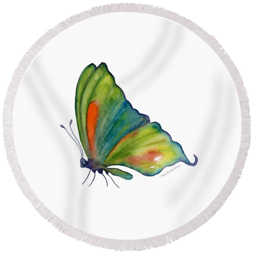 Perched Orange Spot Butterfly Round Beach Towel featuring the painting 3 Perched Orange Spot Butterfly by Amy Kirkpatrick