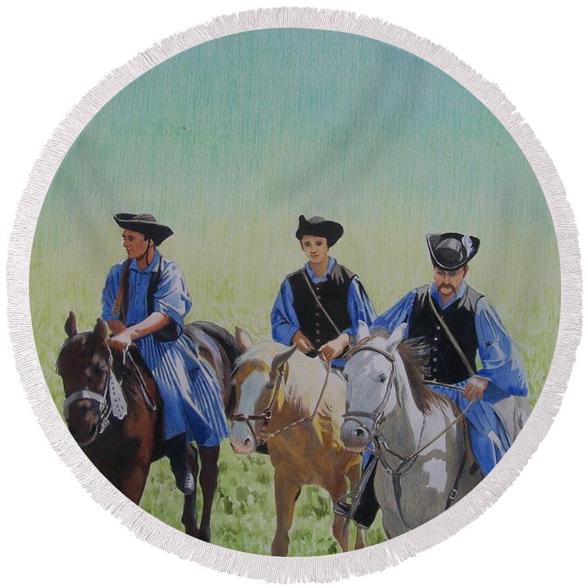 Blue Round Beach Towel featuring the painting Puszta Cowboys by Constance Drescher