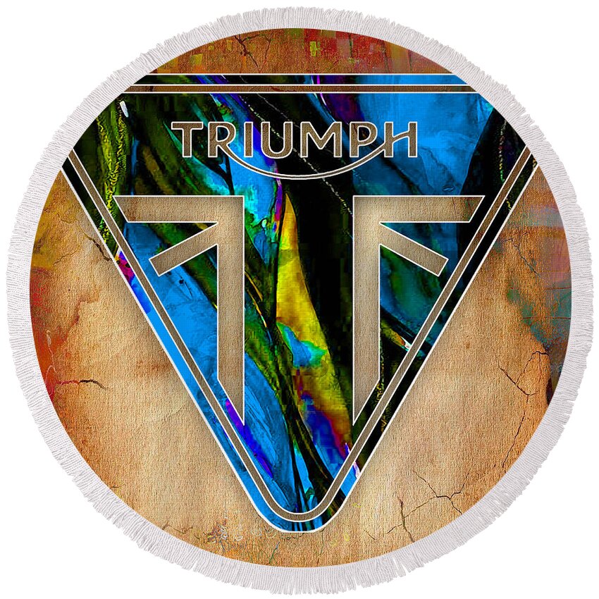 Motorcycle Round Beach Towel featuring the mixed media Triumph Motorcycle Badge #3 by Marvin Blaine