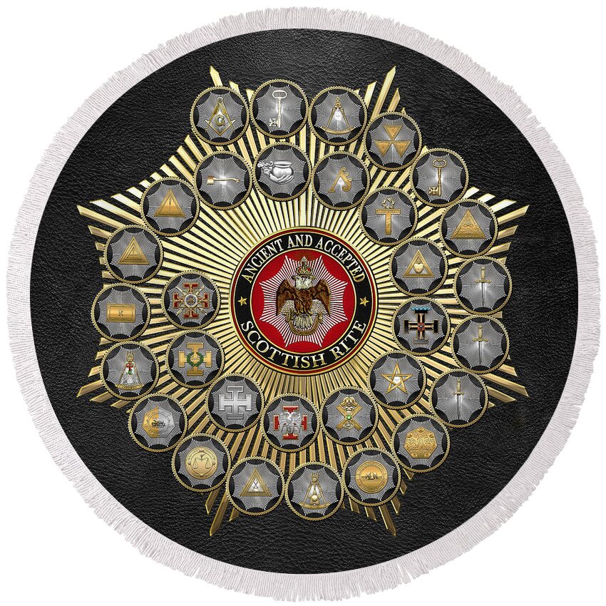 'scottish Rite' Collection By Serge Averbukh Round Beach Towel featuring the digital art 33 Scottish Rite Degrees on Black Leather by Serge Averbukh