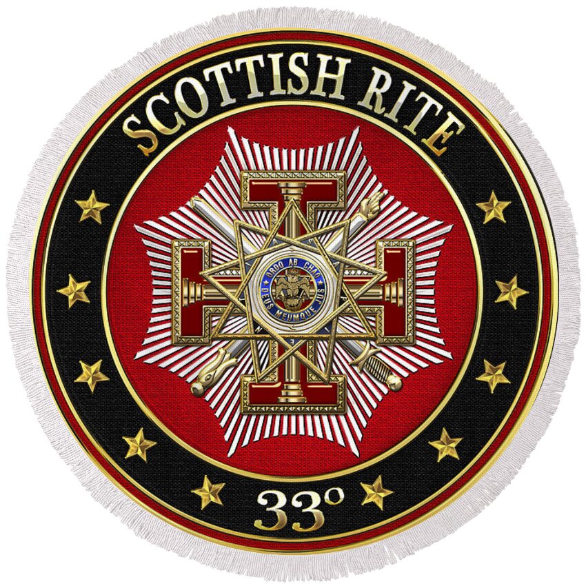 'scottish Rite' Collection By Serge Averbukh Round Beach Towel featuring the digital art 33rd Degree - Inspector General Jewel on Black Leather by Serge Averbukh