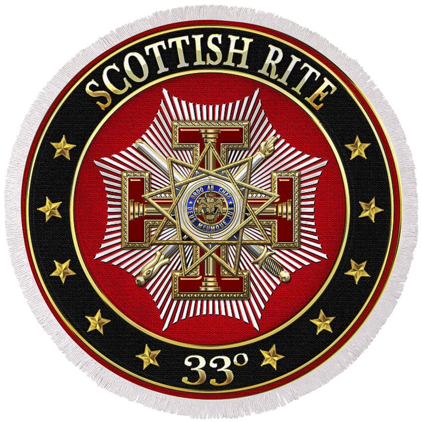 'scottish Rite' Collection By Serge Averbukh Round Beach Towel featuring the digital art 33rd Degree - Inspector General Jewel on Red Leather by Serge Averbukh