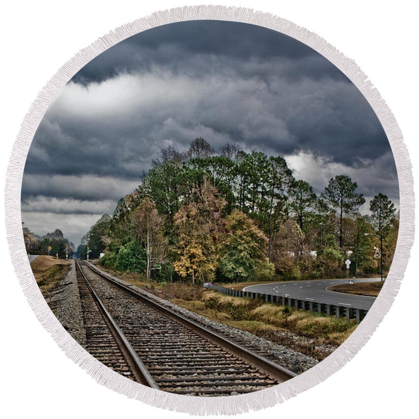 Train Tracks Round Beach Towel featuring the photograph 3ways There by Chauncy Holmes