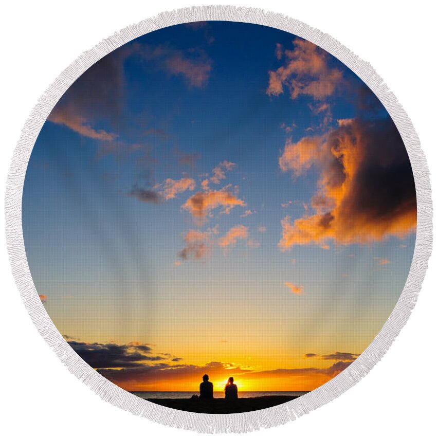 Hawaii Round Beach Towel featuring the photograph Couple watching the sunset on a beach in Maui Hawaii USA #4 by Don Landwehrle