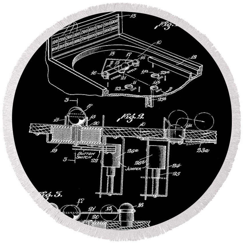 Pinball Round Beach Towel featuring the digital art Pinball Machine Patent 1939 - Black by Stephen Younts