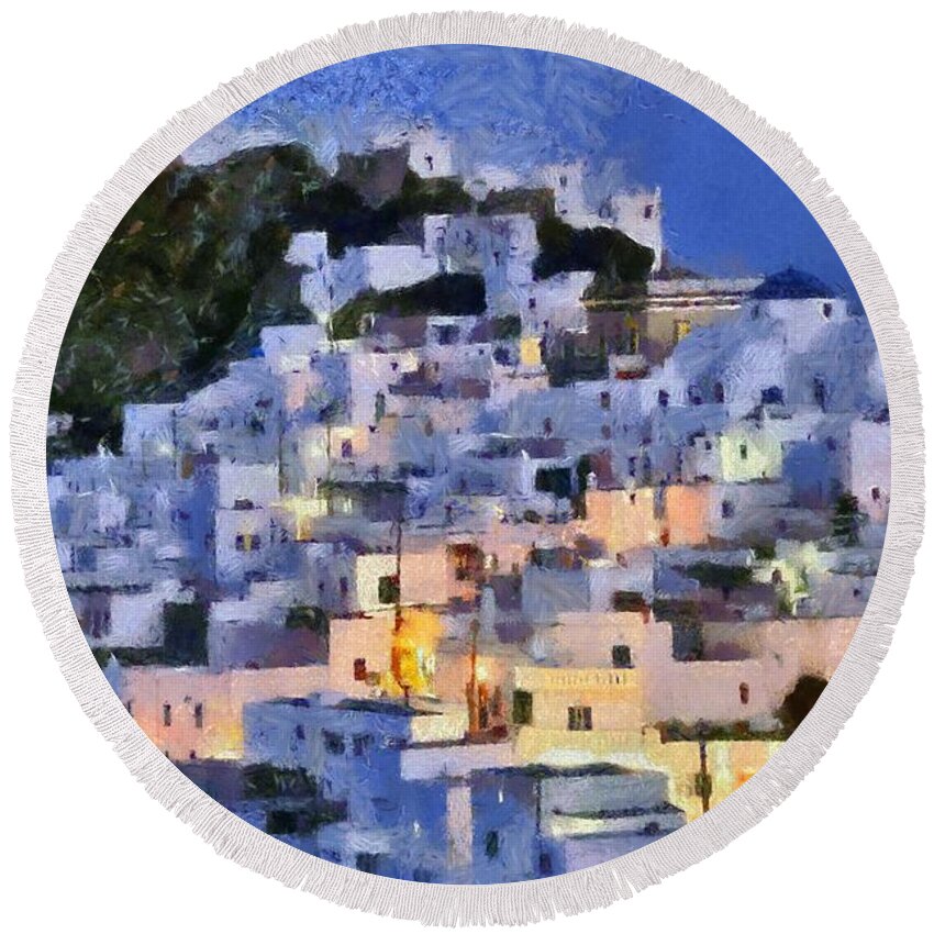 Serifos; Chora; Hora; Village; Town; Greece; Hellas; Greek; Cyclades; Kyklades; Aegean; Islands; Dusk; Twilight; Island; Night; Lights; Holidays; Vacation; Travel; Trip; Voyage; Journey; Tourism; Touristic; Summer; Blue Sky; White; House; Houses; Paint; Painting; Paintings Round Beach Towel featuring the painting Serifos town during dusk time by George Atsametakis