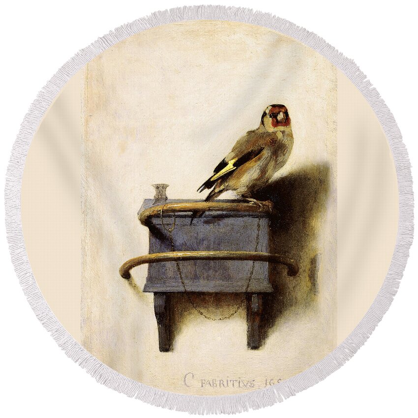 The Goldfinch Round Beach Towel featuring the painting The Goldfinch #9 by Celestial Images