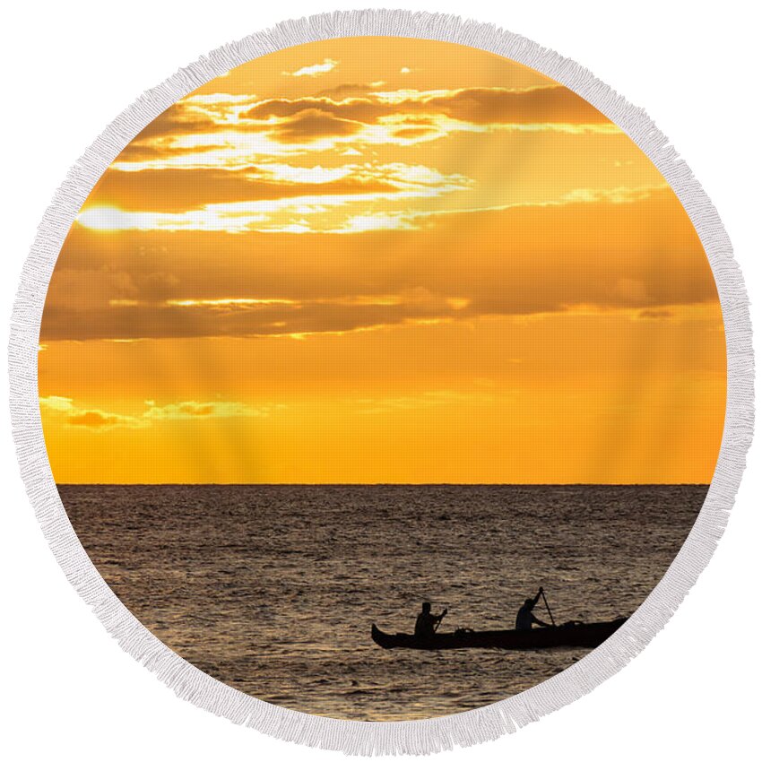 Hawaii Round Beach Towel featuring the photograph Two men paddling a Hawaiian outrigger canoe at sunset Maui Hawaii USA #4 by Don Landwehrle
