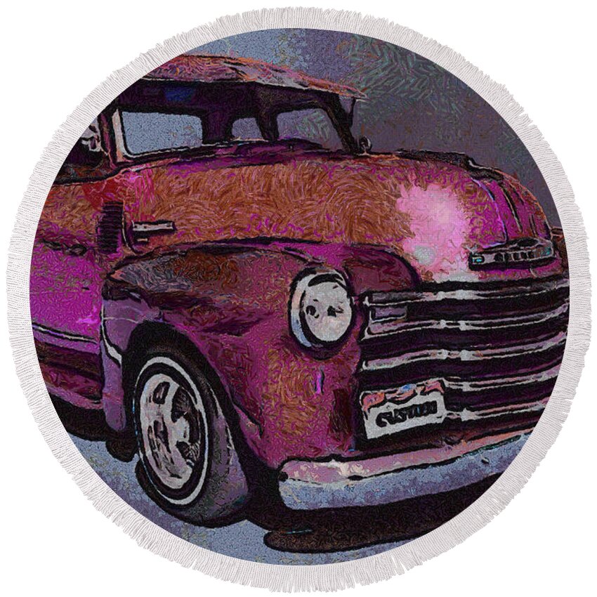 Truck Round Beach Towel featuring the digital art 48 Chevy Truck pink by Ernest Echols