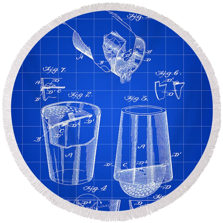 Cocktail Round Beach Towel featuring the digital art Cocktail Mixer and Strainer Patent 1902 - Blue by Stephen Younts