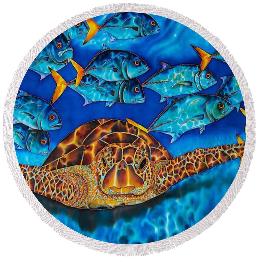 Turtle Round Beach Towel featuring the painting Green Sea Turtle by Daniel Jean-Baptiste