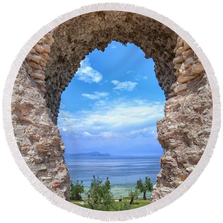 Lago Di Garda Round Beach Towel featuring the photograph Grotto Catullus in Sirmione at the Lake Garda #5 by Gina Koch