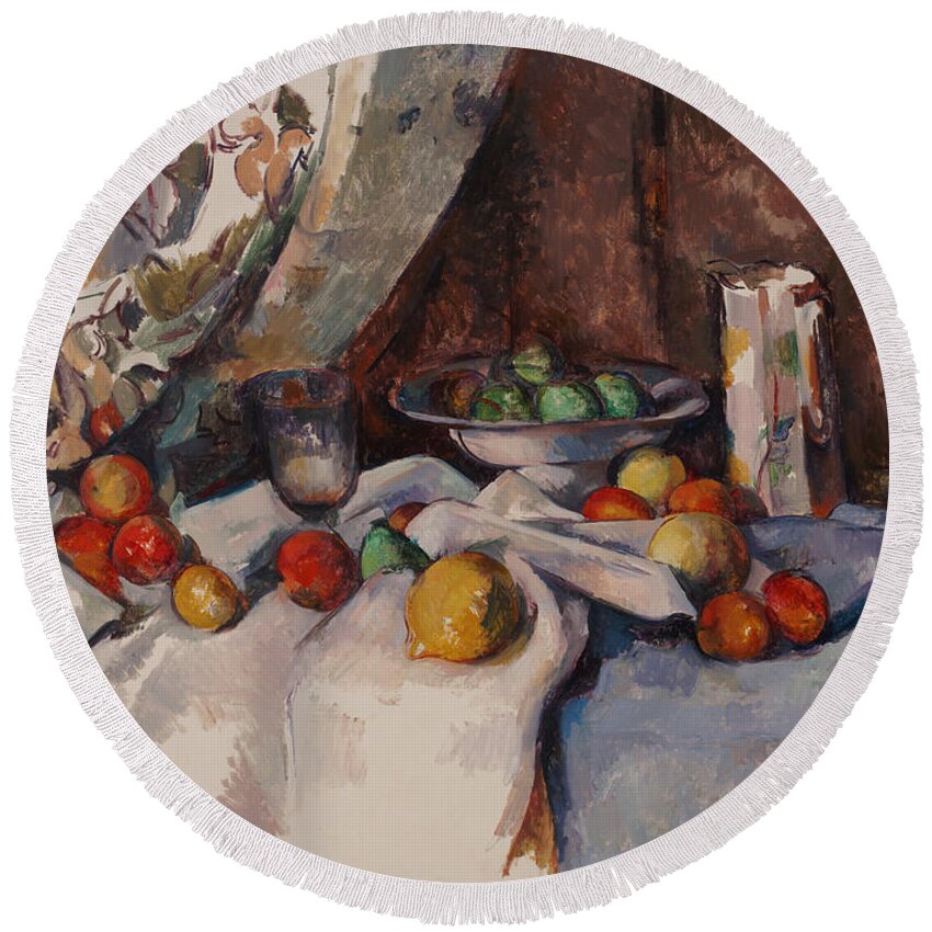 Still Life With Apples Round Beach Towel featuring the painting Still Life with Apples #15 by Paul Cezanne