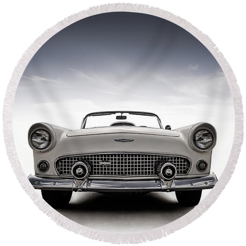 T-bird Round Beach Towel featuring the digital art 56 Thunderbird by Douglas Pittman