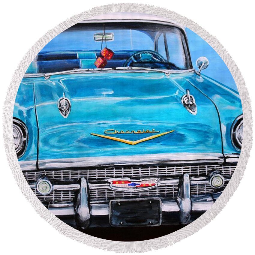 Chevy Round Beach Towel featuring the painting '57 Chevy Front End by Karl Wagner