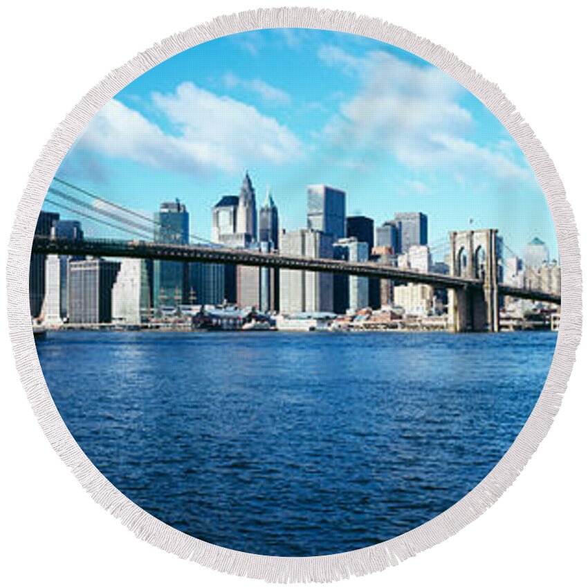 Photography Round Beach Towel featuring the photograph Bridge Across A River, Brooklyn Bridge #6 by Panoramic Images