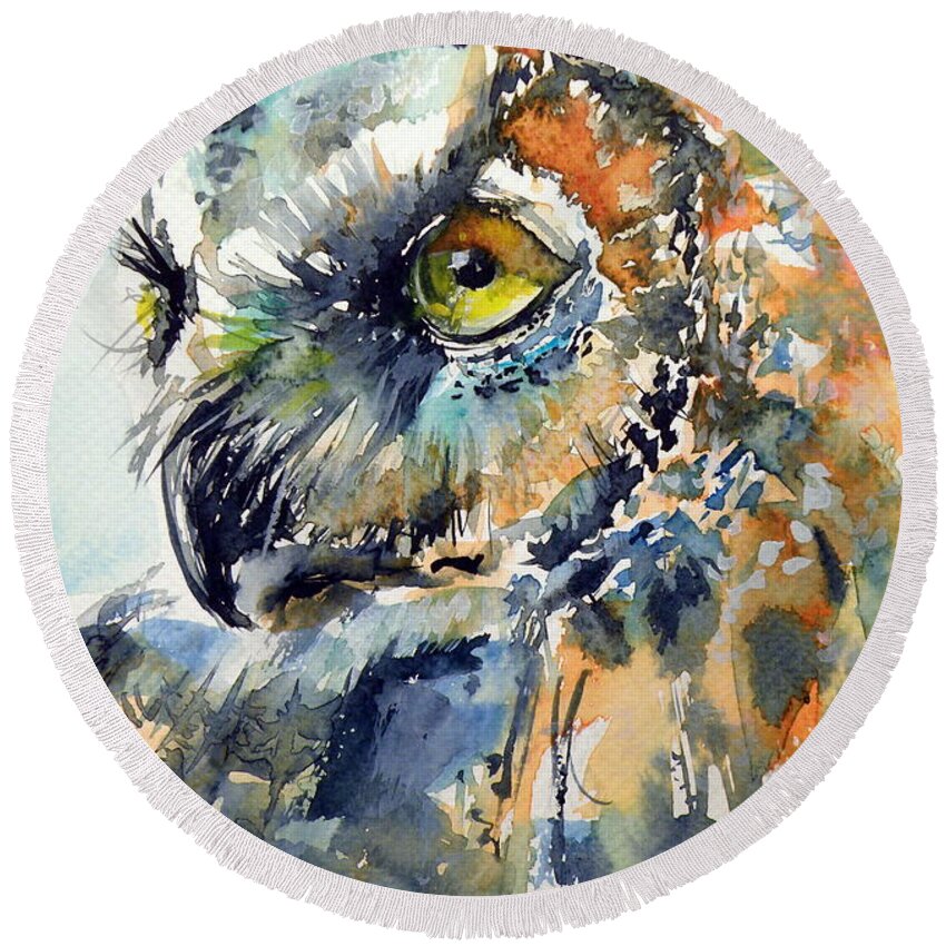 Owl Round Beach Towel featuring the painting Owl #5 by Kovacs Anna Brigitta