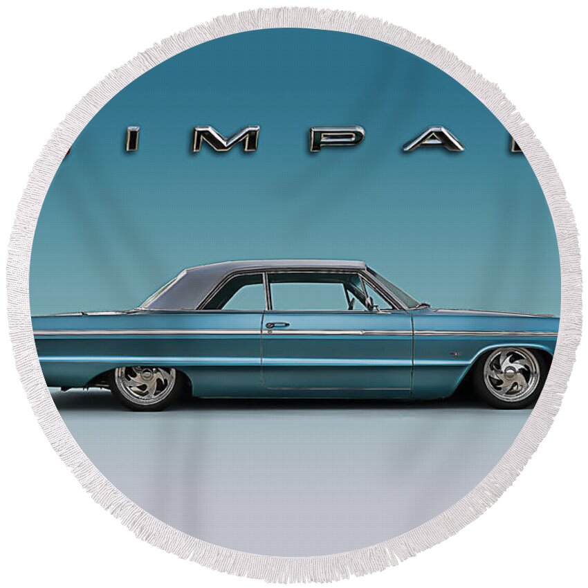 Impala Round Beach Towel featuring the digital art '64 Impala SS by Douglas Pittman