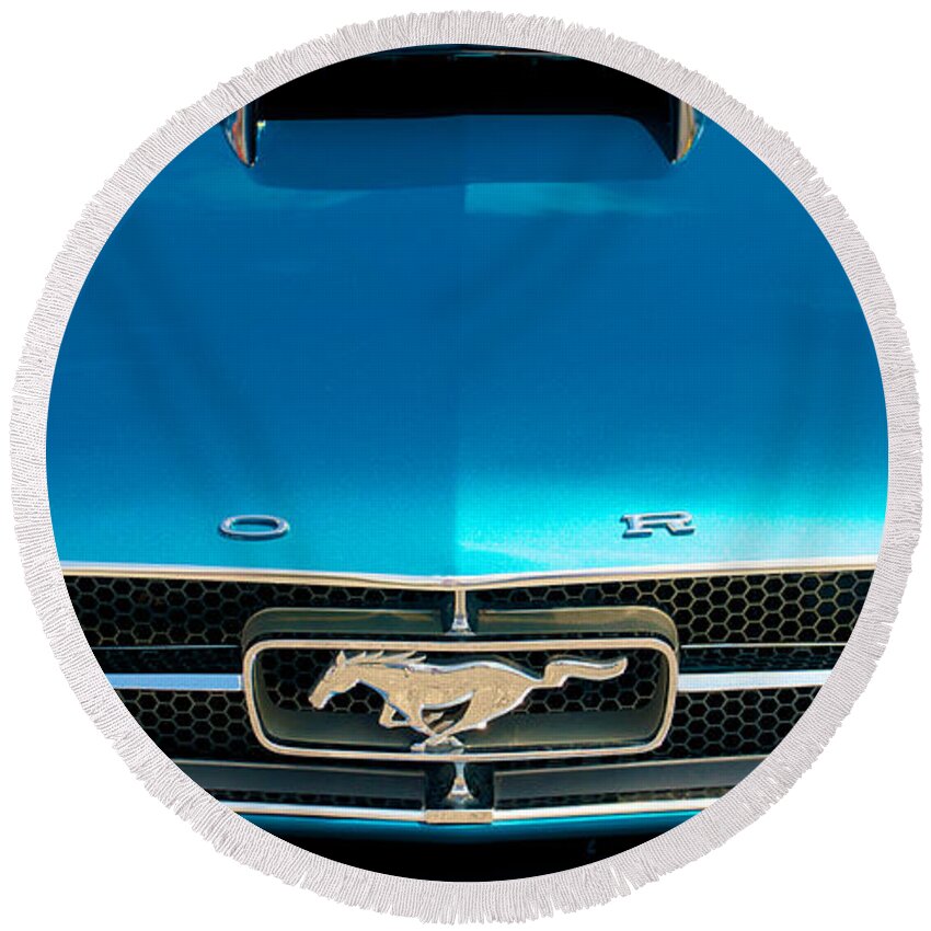 Car Round Beach Towel featuring the photograph 65 Ford Mustang Fastback Hood by Mark Dodd