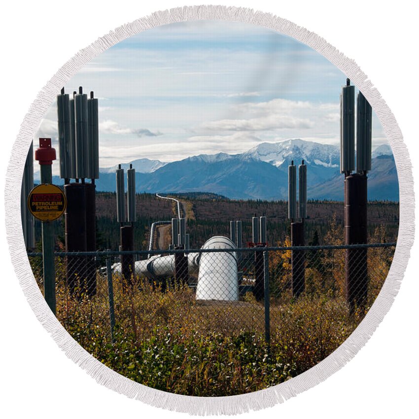 Nature Round Beach Towel featuring the photograph Alaska Oil Pipeline #7 by Mark Newman